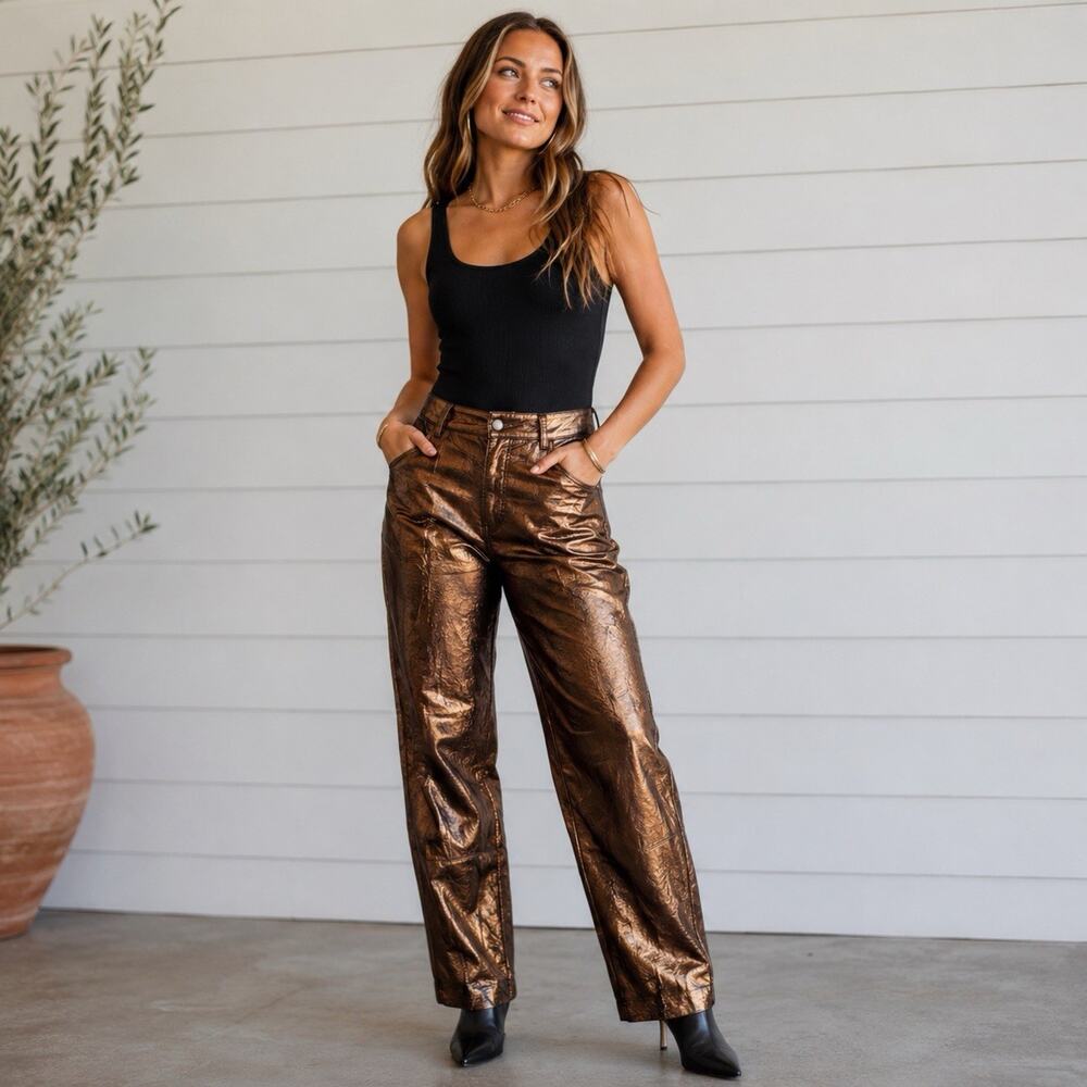 MARC D'ALCY Leather Copper Metallic Vintage Tapered mid-rise Pants 8